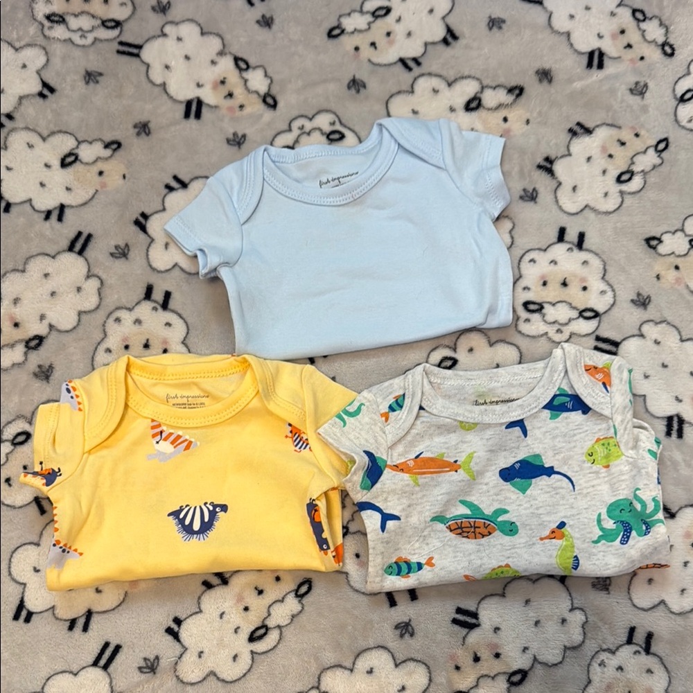 3pk First Impressions Baby Bodysuit Set in Yellow, Blue, and Gray